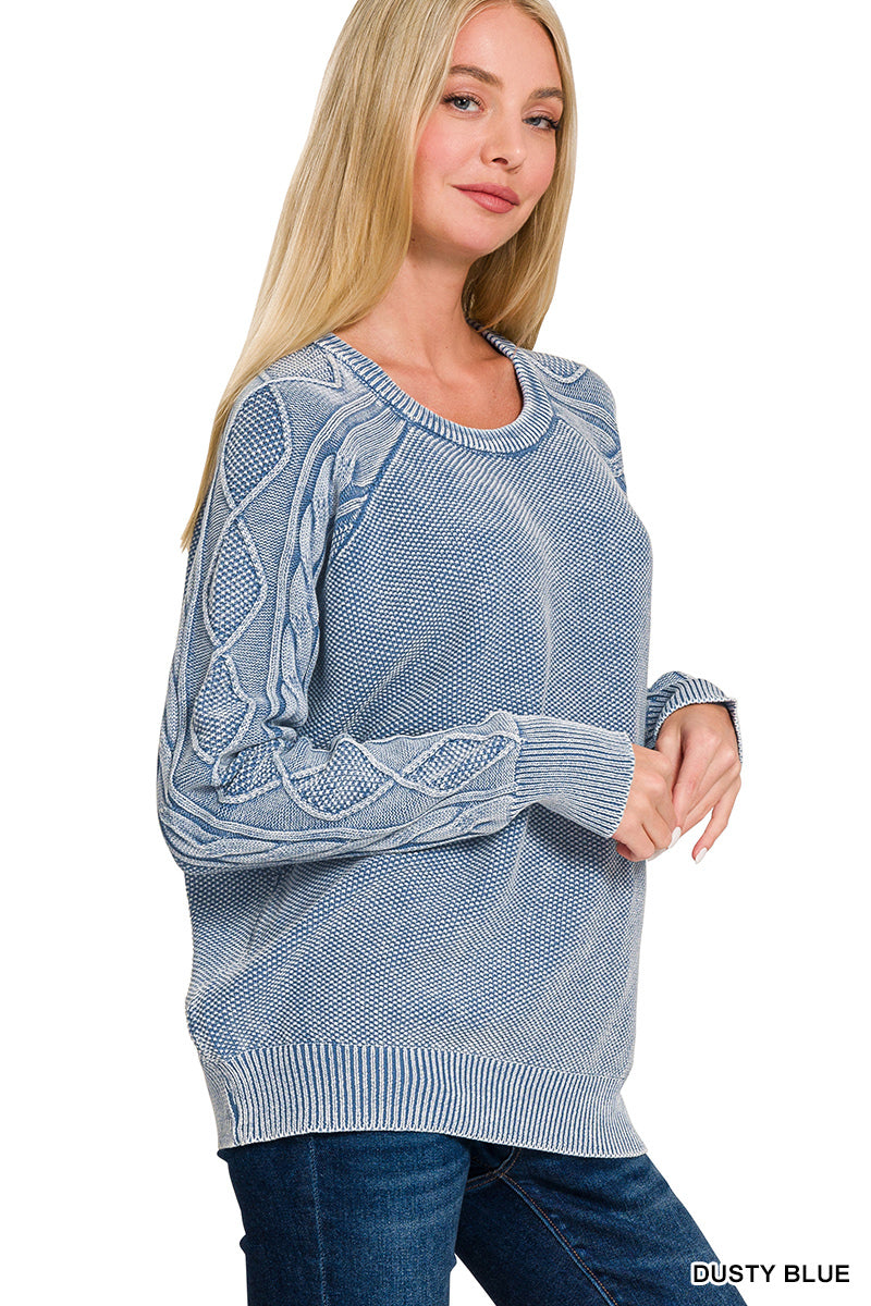 Dusty Blue Stone Washed Cable-Sleeve Crewneck Sweater