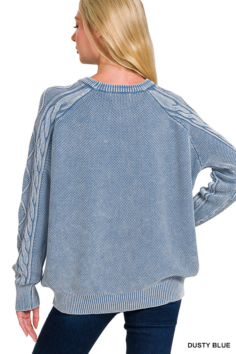 Dusty Blue Stone Washed Cable-Sleeve Crewneck Sweater