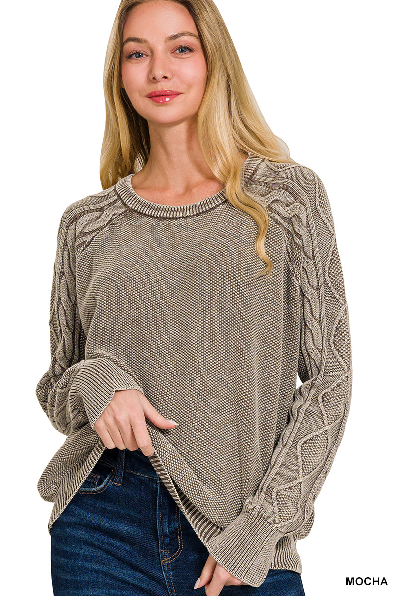 Mocha Stone Washed Cable-Sleeve Crewneck Sweater