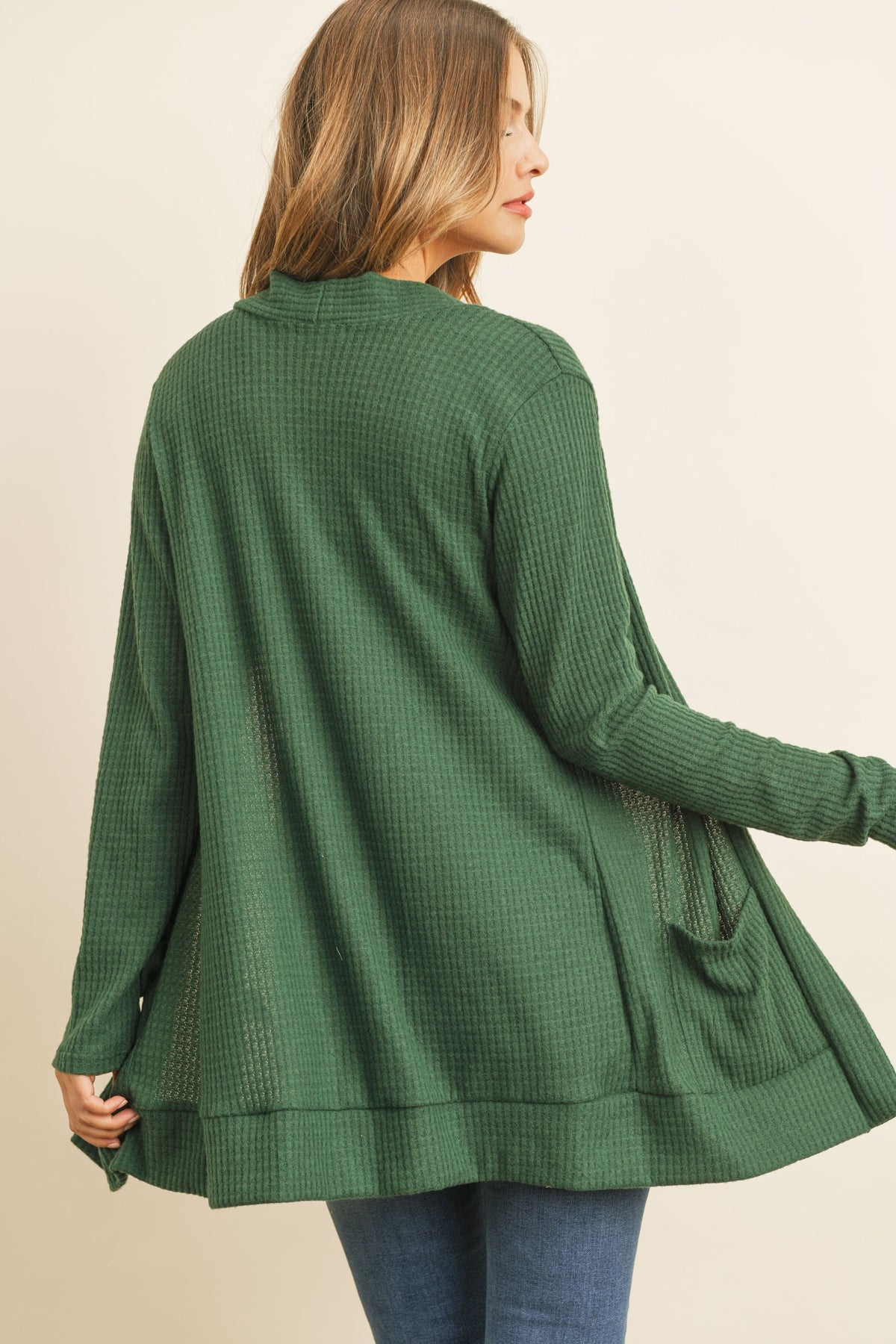 Sale - Hunter Green Brushed Waffle Long Sleeve Open Front Cardigan