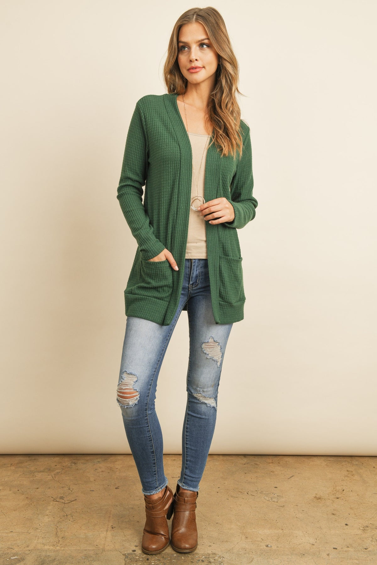 Sale - Hunter Green Brushed Waffle Long Sleeve Open Front Cardigan