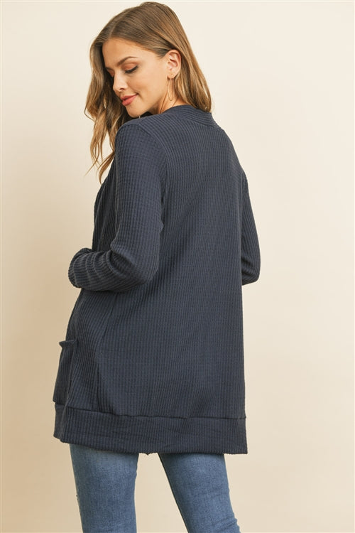 Navy Blue Brushed Waffle Long Sleeve Open Front Cardigan