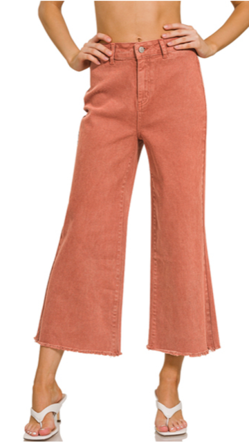 Sale - Rust Acid Washed High Waist Frayed Hem Straight Leg Pants