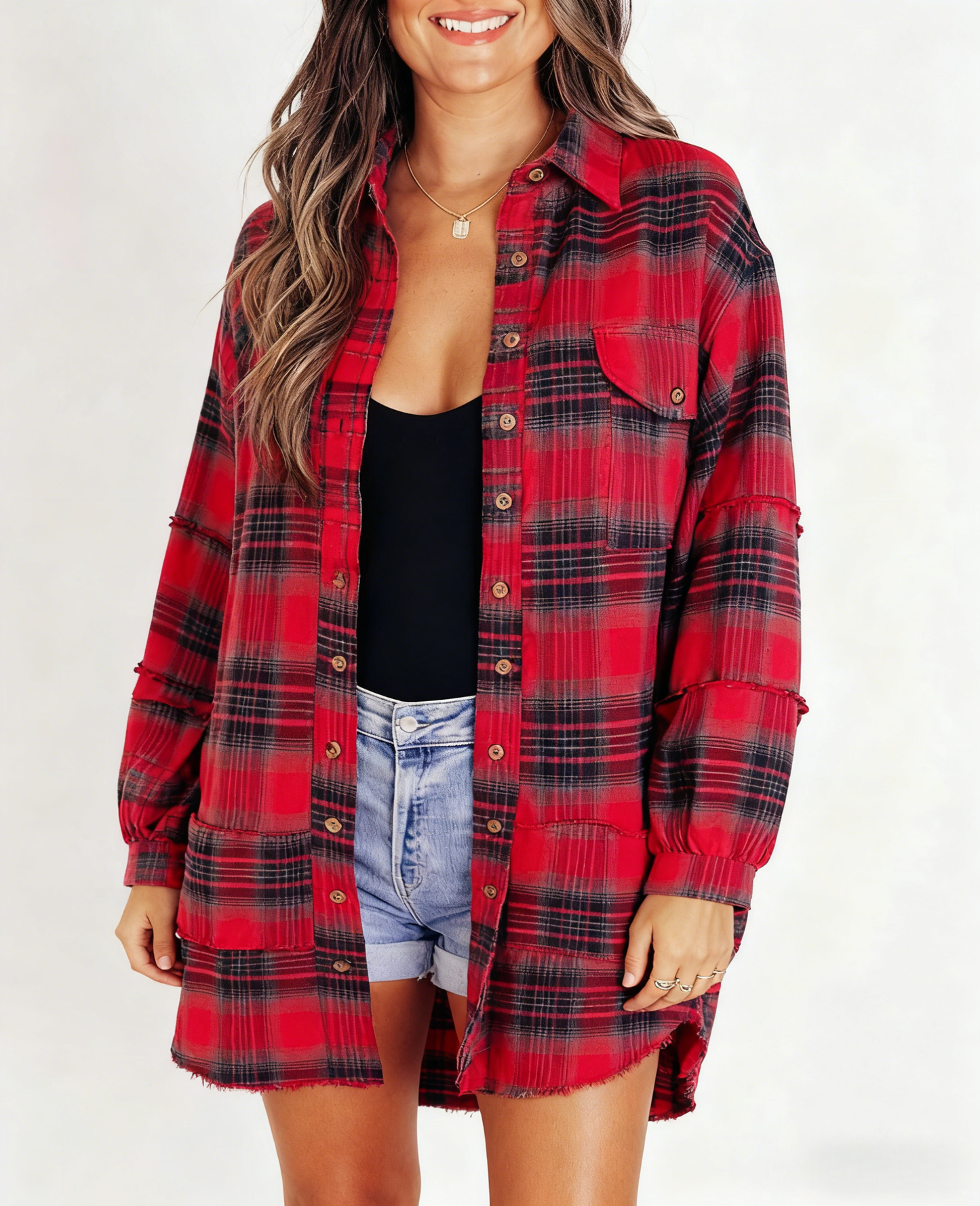 Red Plaid Oversized Long Sleeve Button Up Shirt