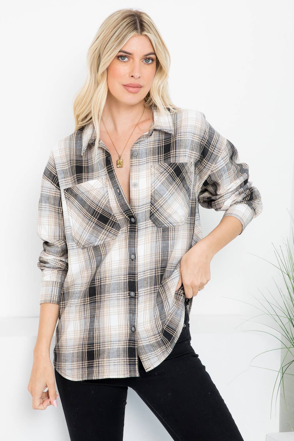 Oversized Plaid Linen Blend Shirt - Taupe/Black