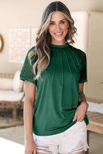 Green Pleated Seam Lace Sleeve Top