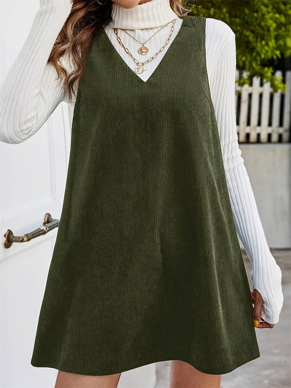 Olive Plain Corduroy Mini Overall Dress