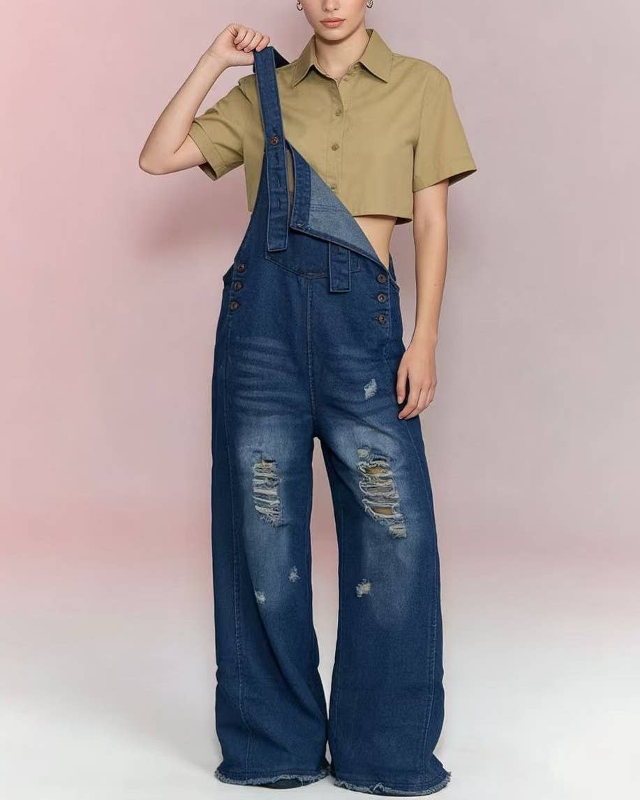 Blue Distressed Baggy Wide Leg Denim Overalls