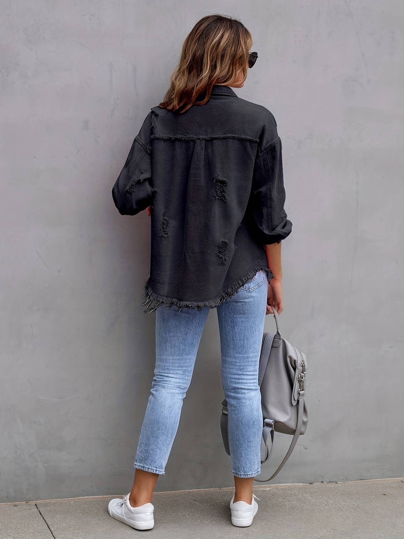 Army Green Ripped Long-Sleeved Denim Jacket