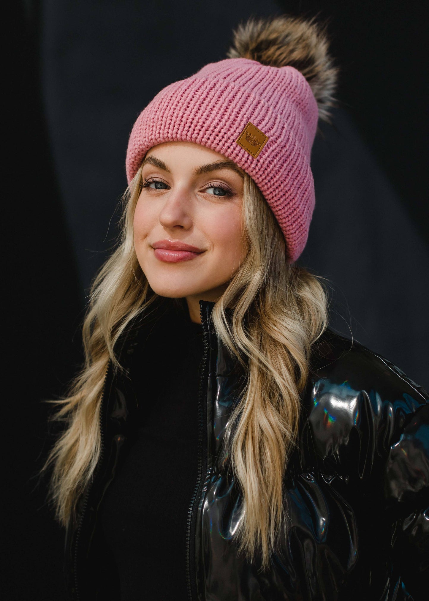 Pink Cable Knit Pom Hat