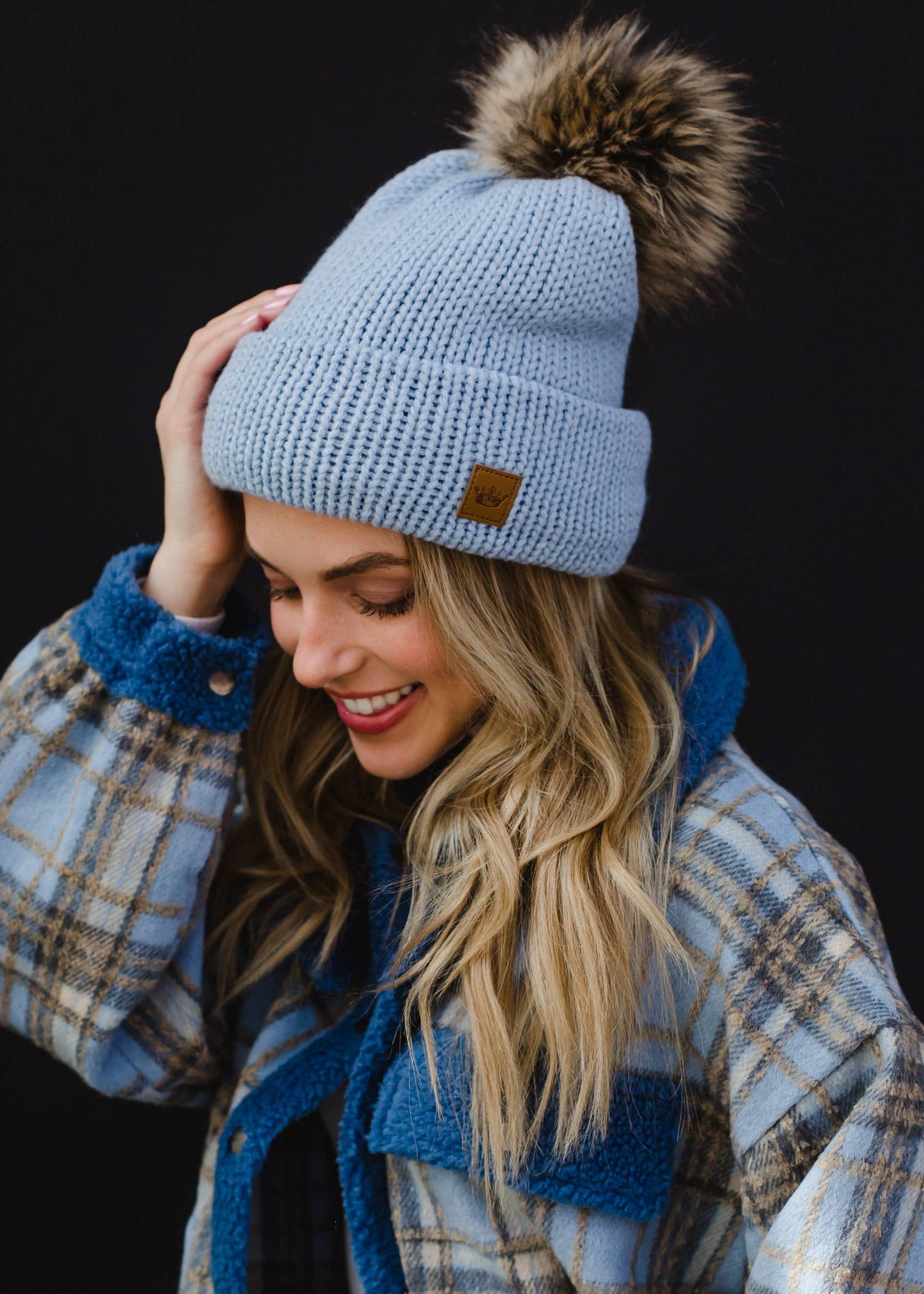 Light Blue Cable Knit Pom Hat