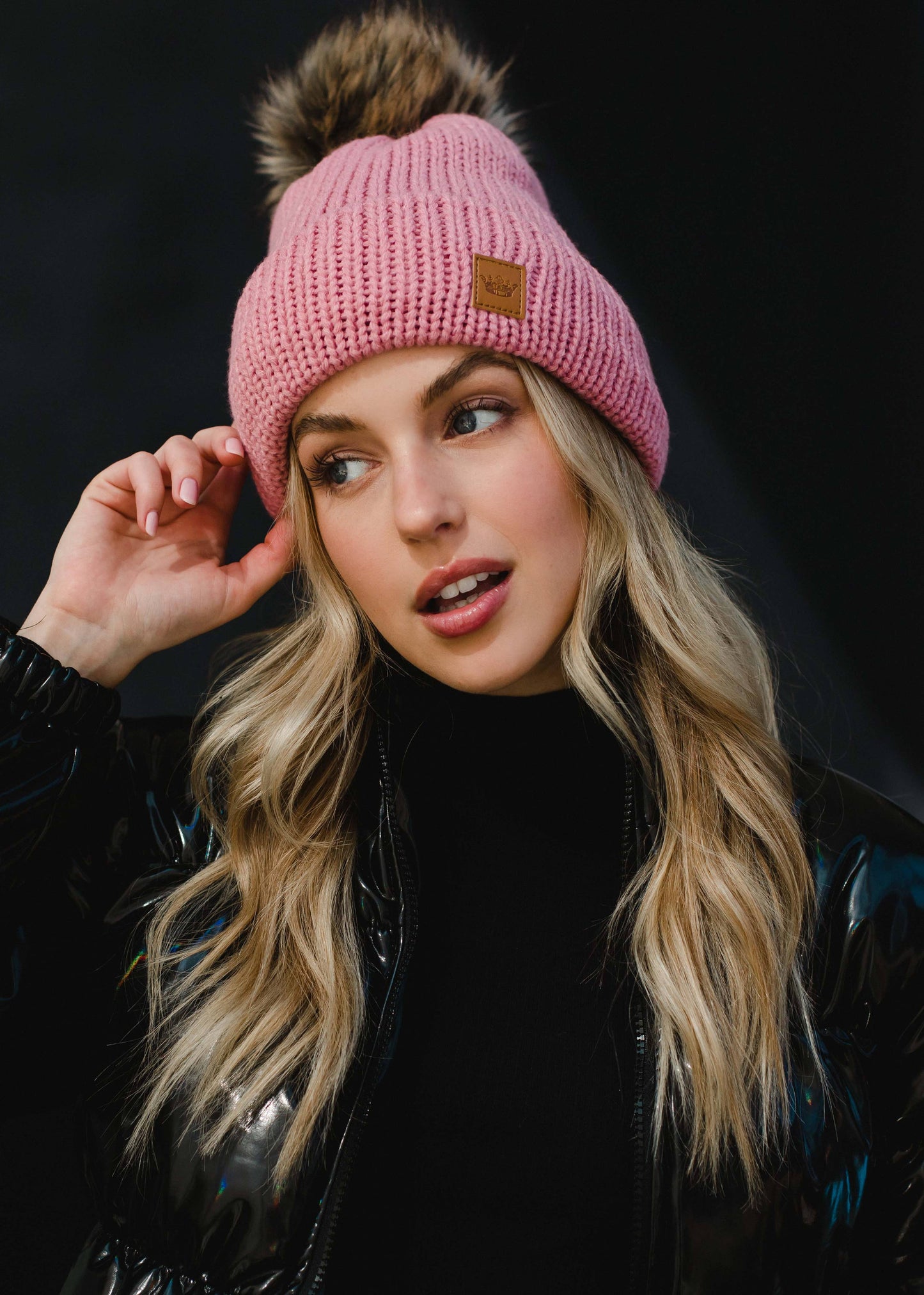 Pink Cable Knit Pom Hat