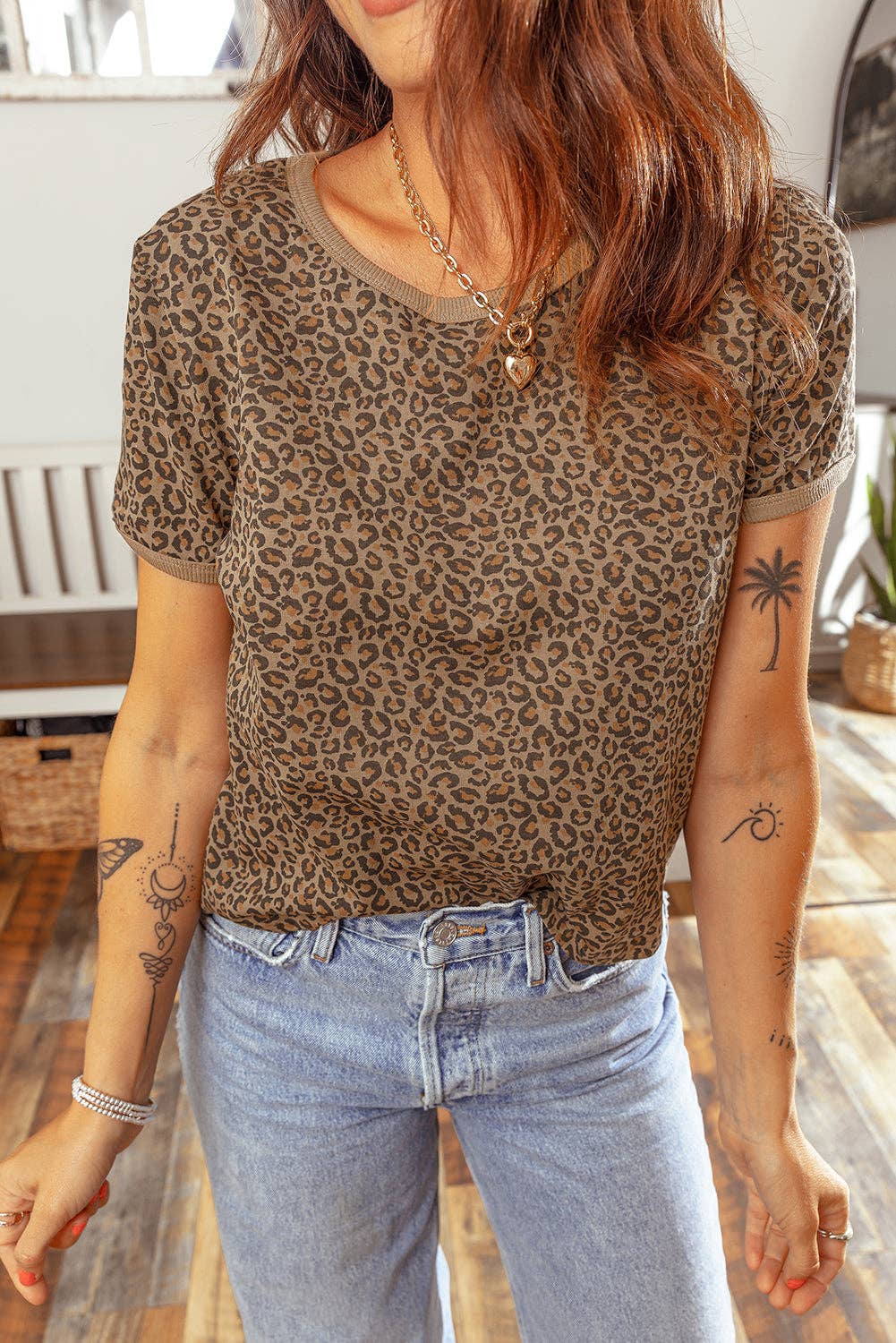 Western Leopard Print Crew Neck Casual Tee