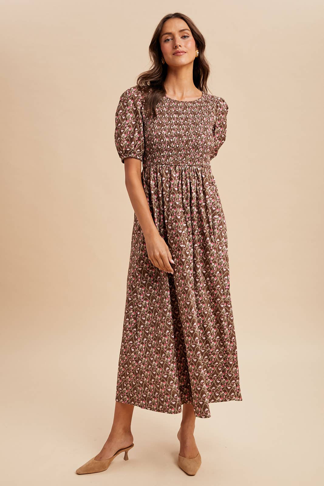 Sale - Mocha Smocked Cotton Floral Maxi Dress