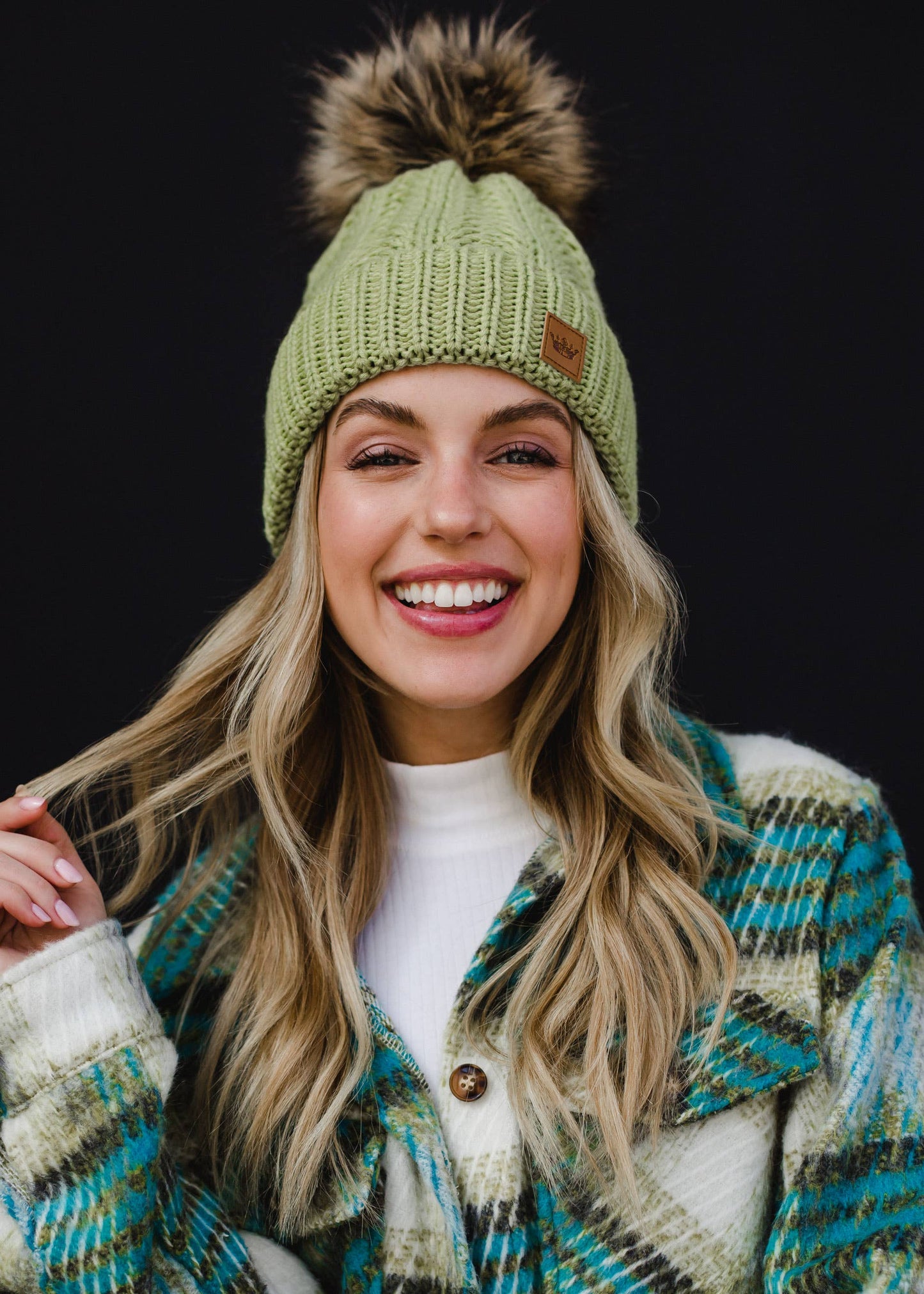 Light Green Cable Knit Pom Hat