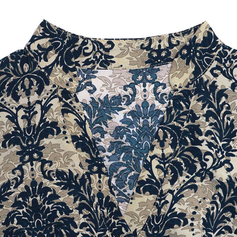 Vintage Art Print Stand Collar Flutter Sleeve Top