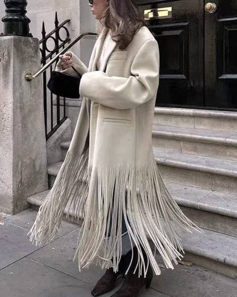 Beige Fashion Elegant Streetwear Long Tassels Coat