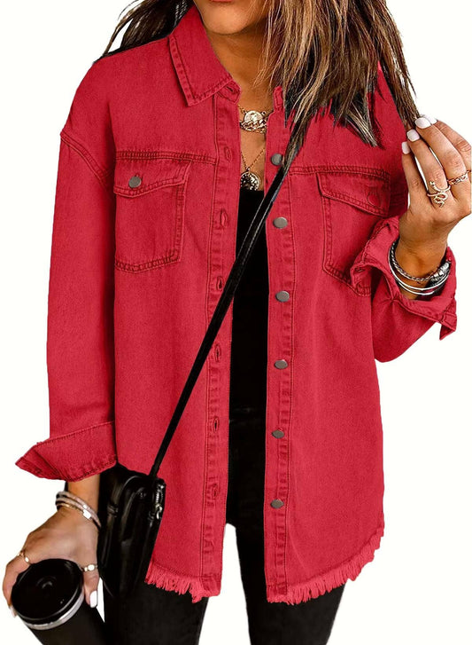 Autumn Frayed-Hem Denim Jacket Shacket - Red