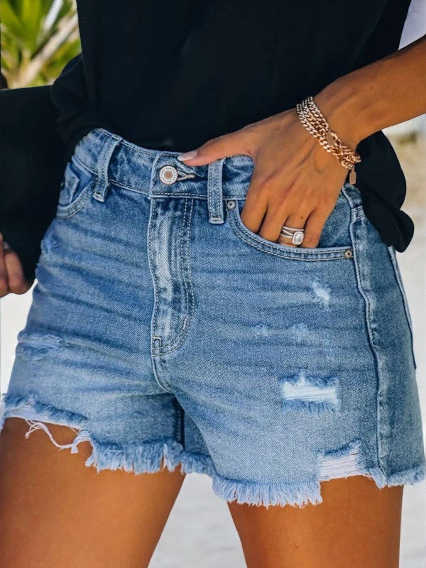 Sale - Distressed Denim Shorts with Frayed Hem