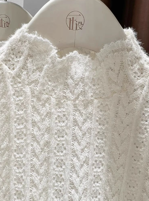 Beige Soft Knit Fluffy Texture Lace High Neck Layering Top