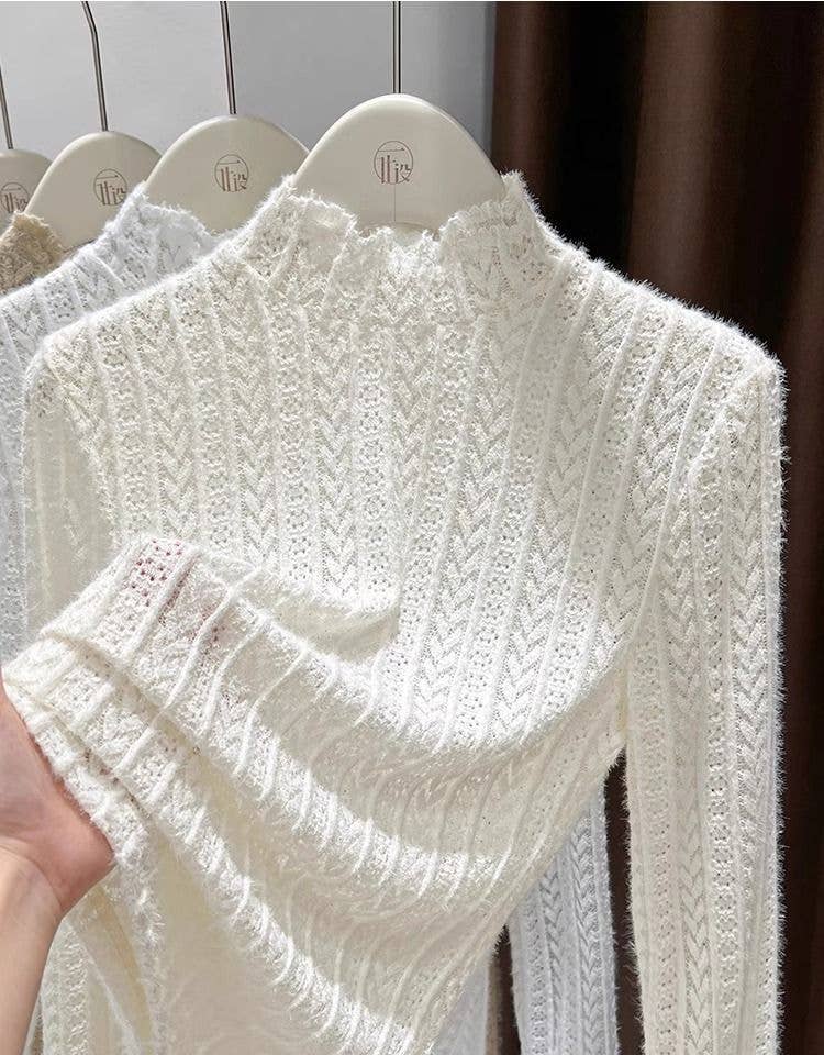 Beige Soft Knit Fluffy Texture Lace High Neck Layering Top