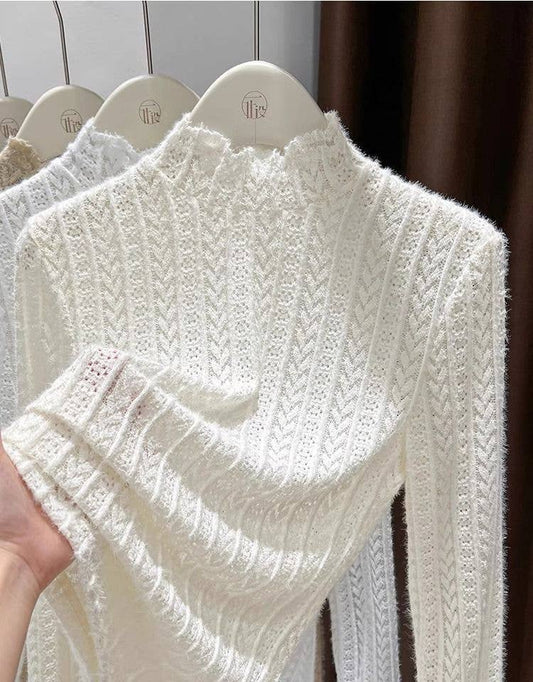 Beige Soft Knit Fluffy Texture Lace High Neck Layering Top
