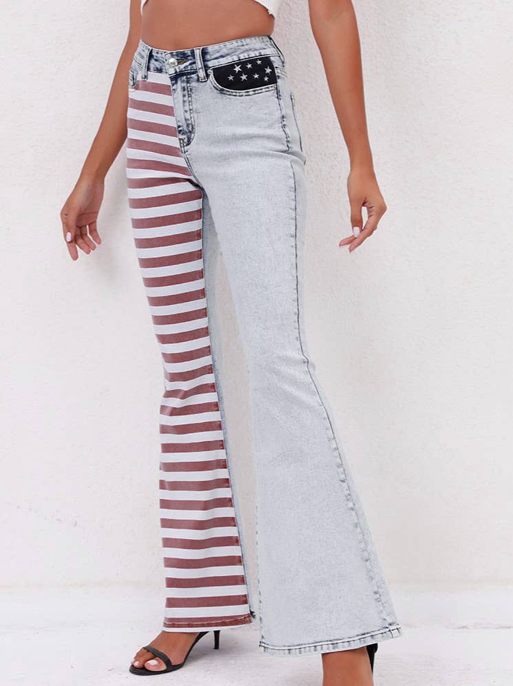 July 4th Patchwork Striped Flared Jeans