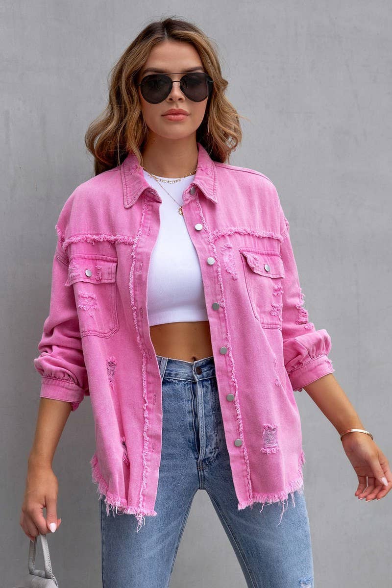 Pink Raw Edge Solid Color Lapel Denim Jacket