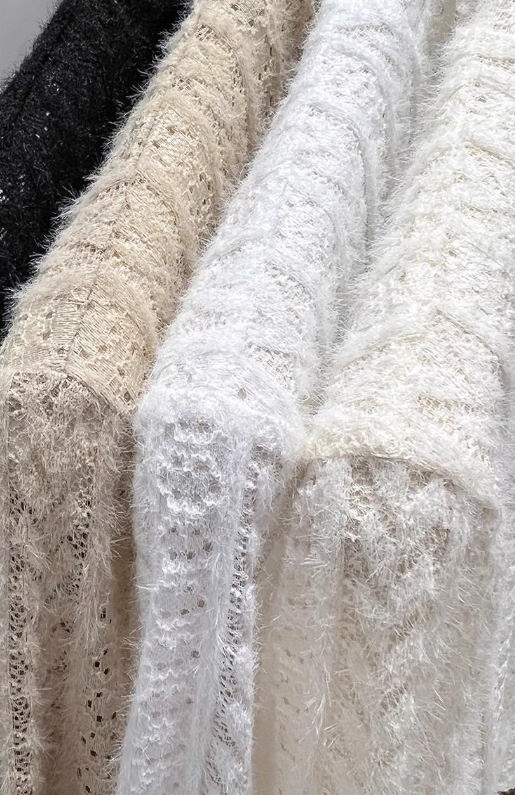 Beige Soft Knit Fluffy Texture Lace High Neck Layering Top