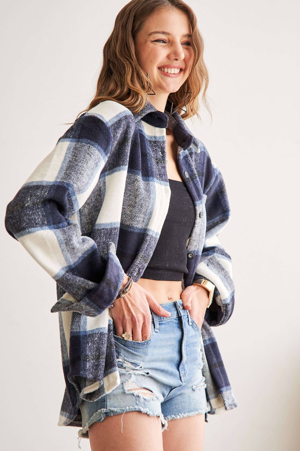 Navy Plaid Flannel Shacket