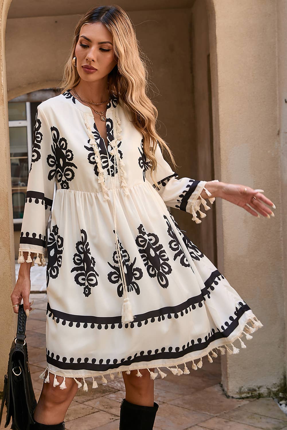 Western Pattern Print Tasseled Notch V Neck Mini Dress