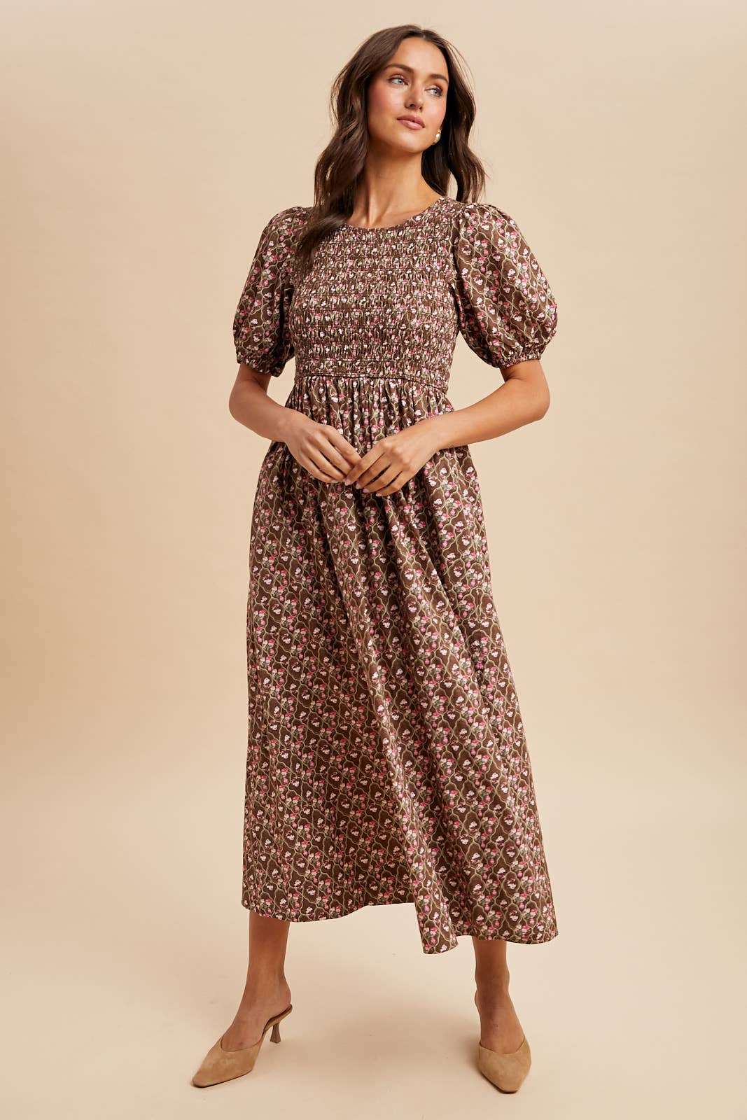 Sale - Mocha Smocked Cotton Floral Maxi Dress
