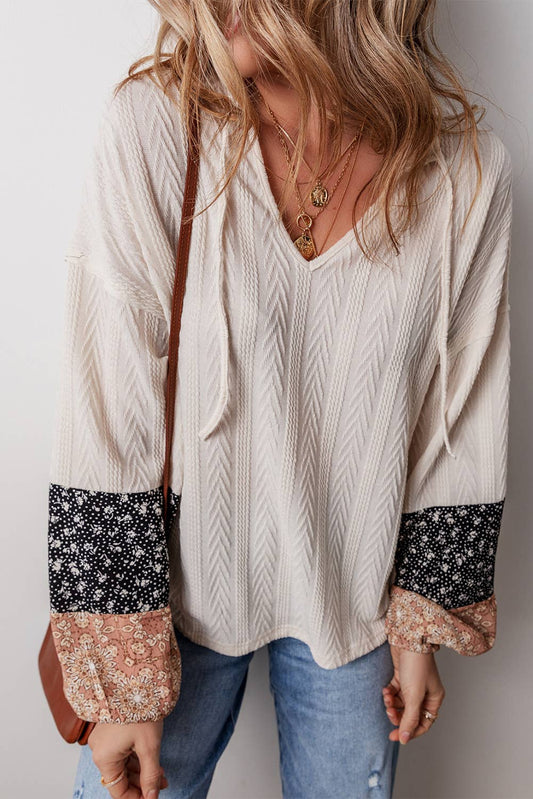 Floral Patchwork Textured Knit Drawstring V Neck Blouse