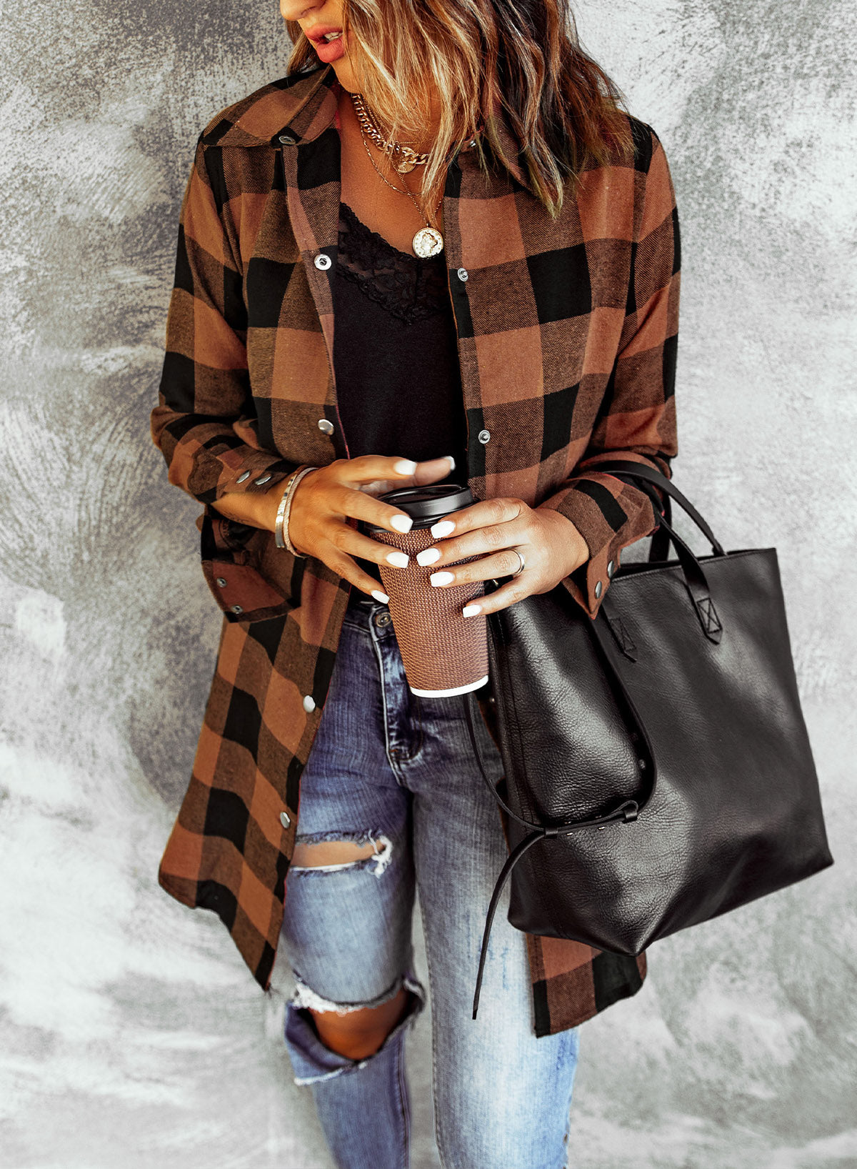 Brown & Black Plaid Mid-Length Long Sleeve Shirt