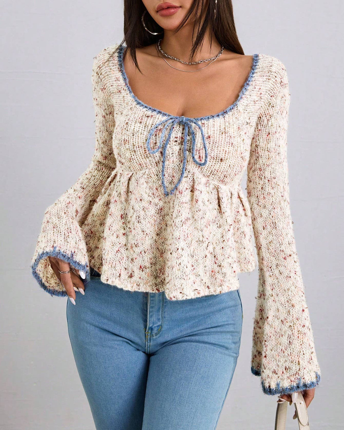 Elegant And Sweet Lace-Up Trumpet Sleeve Knitted Top