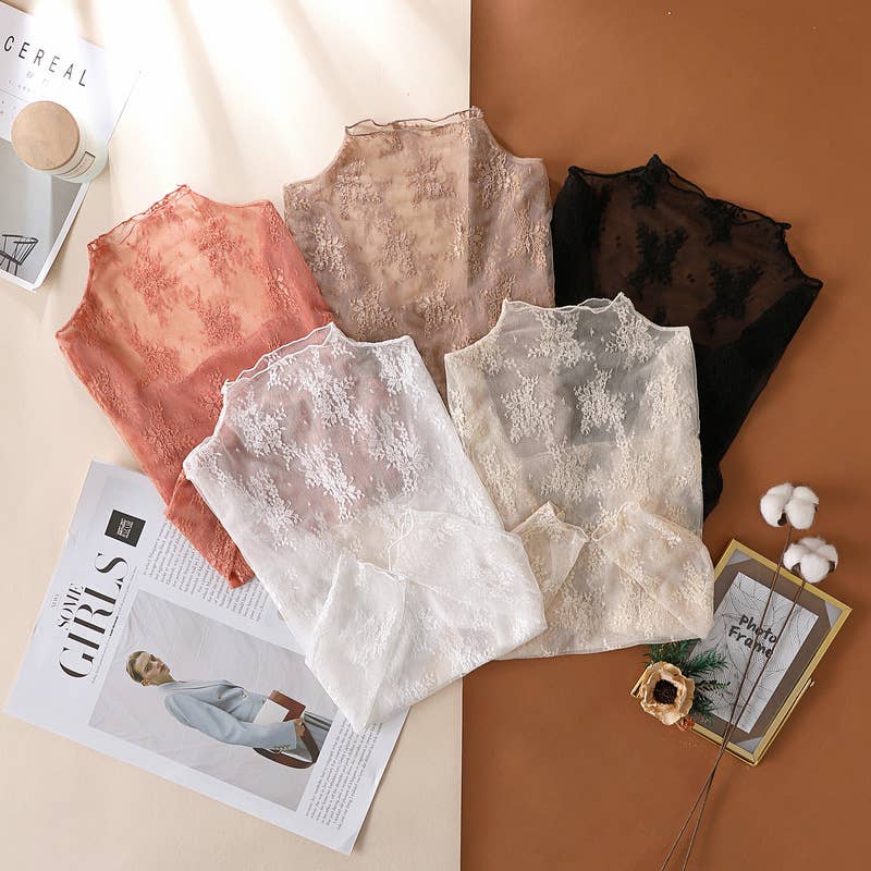 Beige Semi Sheer Mesh Floral Lace Layering Top