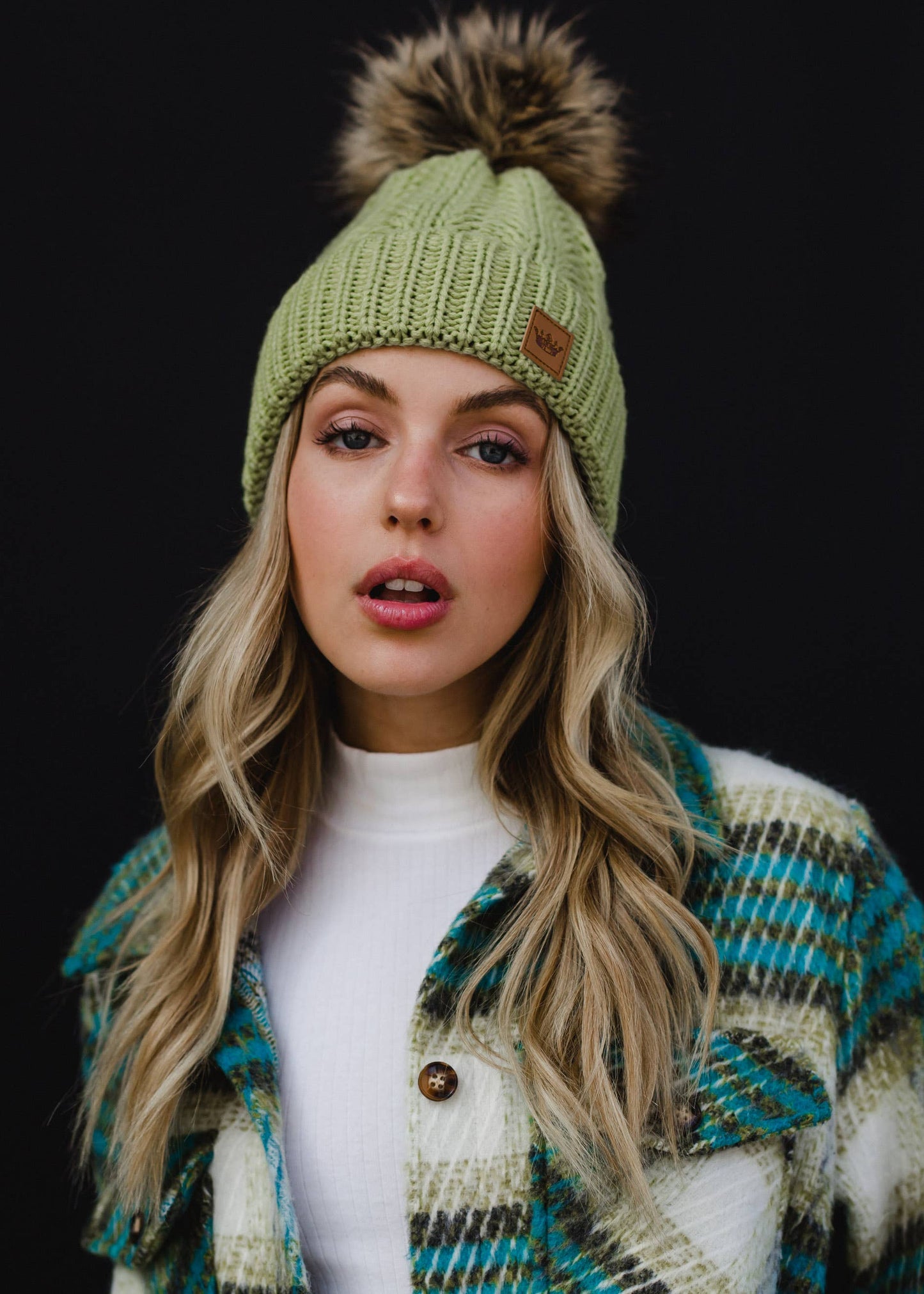 Light Green Cable Knit Pom Hat