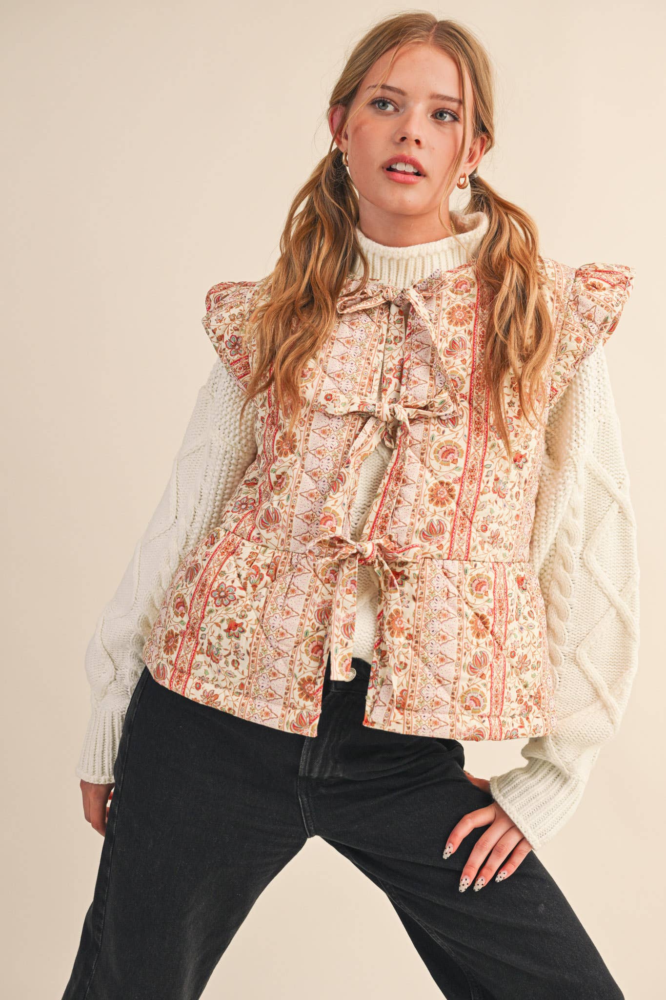 Quilted Floral Vest with Flutter Sleeves