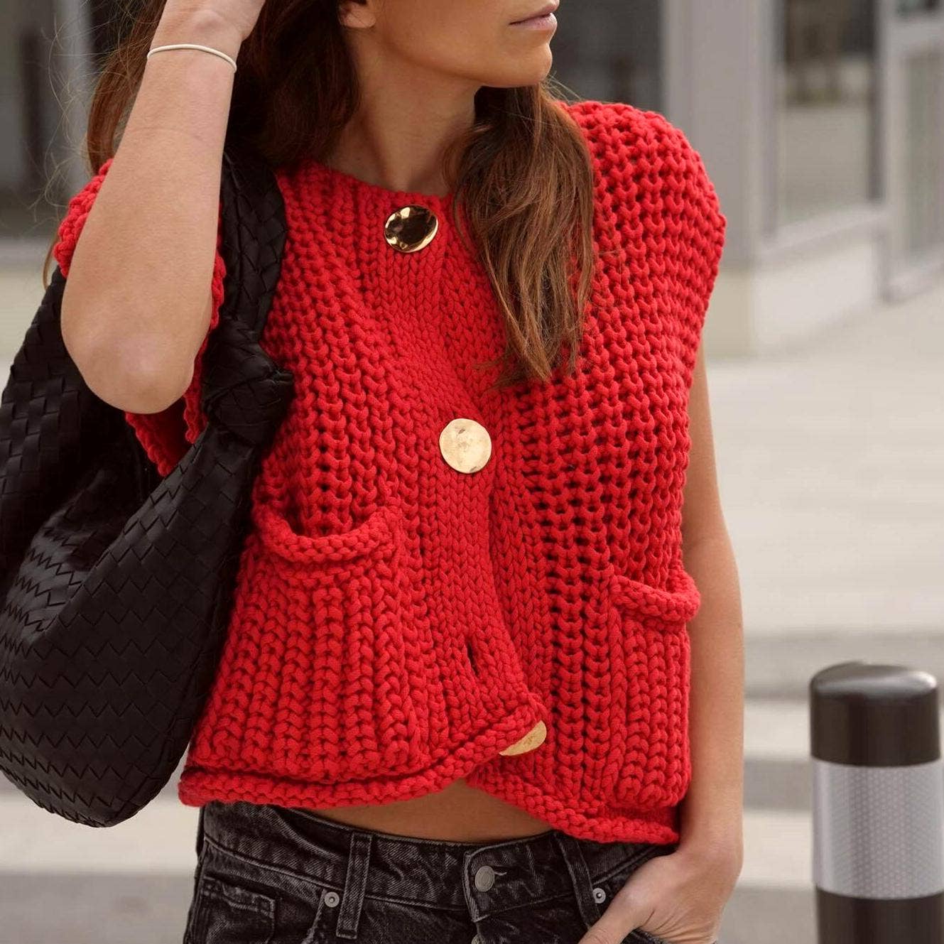 Brown Sleeveless Chunky Large 3 Button Crop Knit Vest