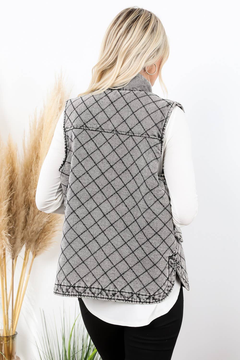 Quilted Denim Zip Up Front Washed Vest