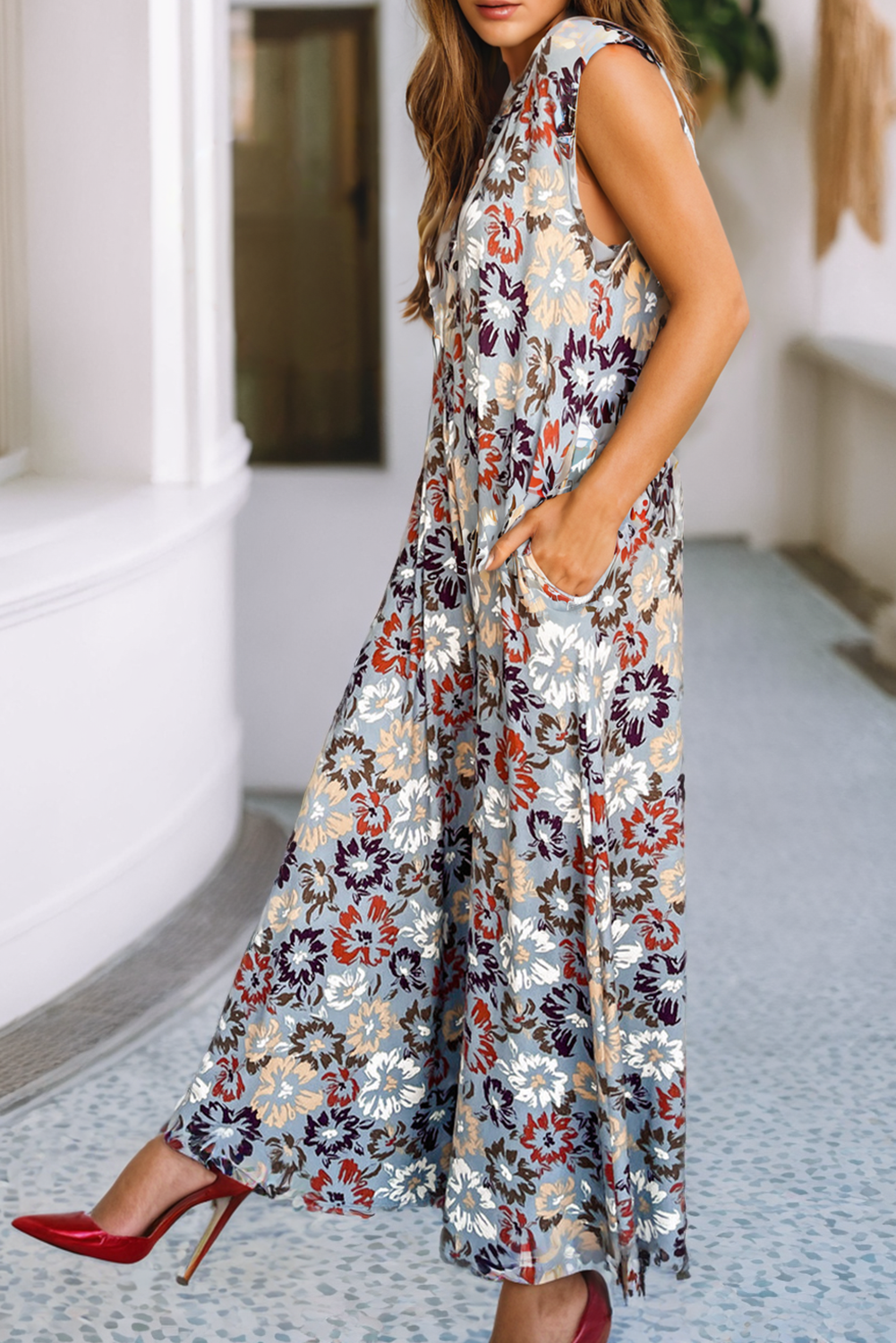 Sale - Fall Floral Sleeveless Buttoned Pocketed Wide Leg Jumpsuit
