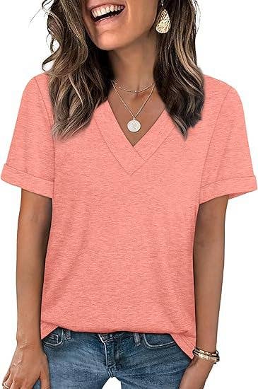 Coral Pink Solid Cotton Blend V-Neck Short Sleeve Women's Tee