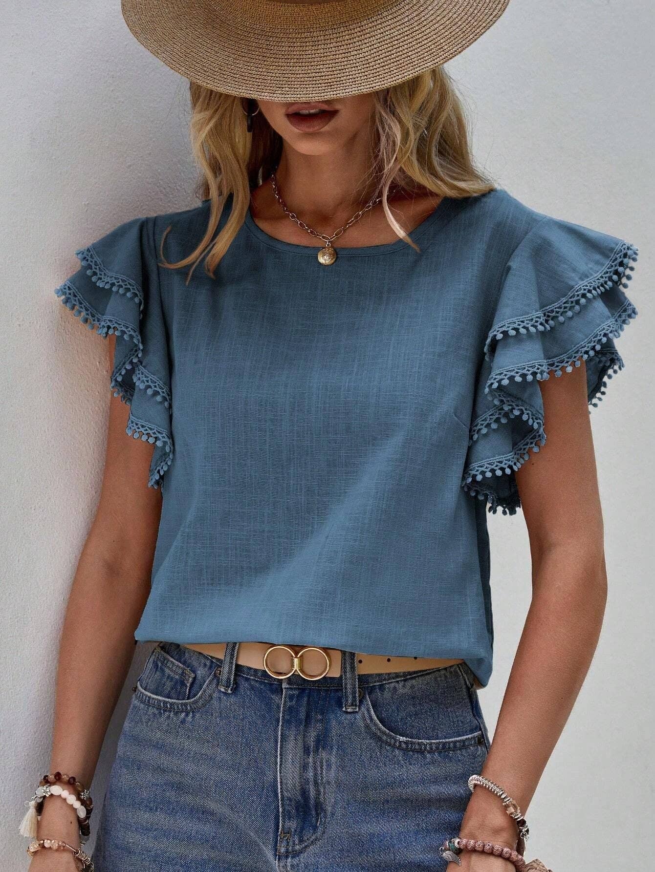 Solid Linen Look Ruffle Sleeve Boho Summer Top
