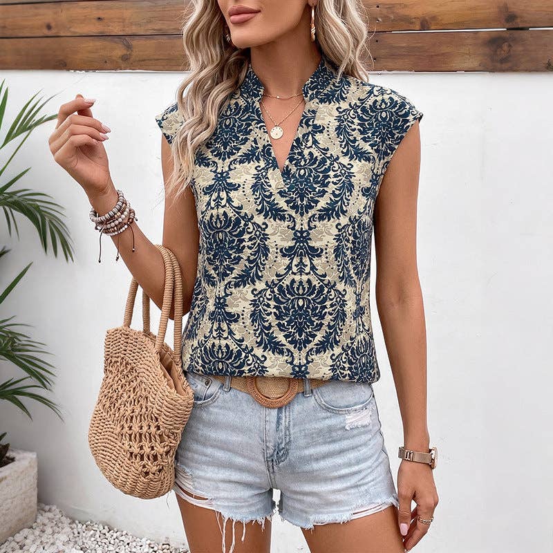 Vintage Art Print Stand Collar Flutter Sleeve Top