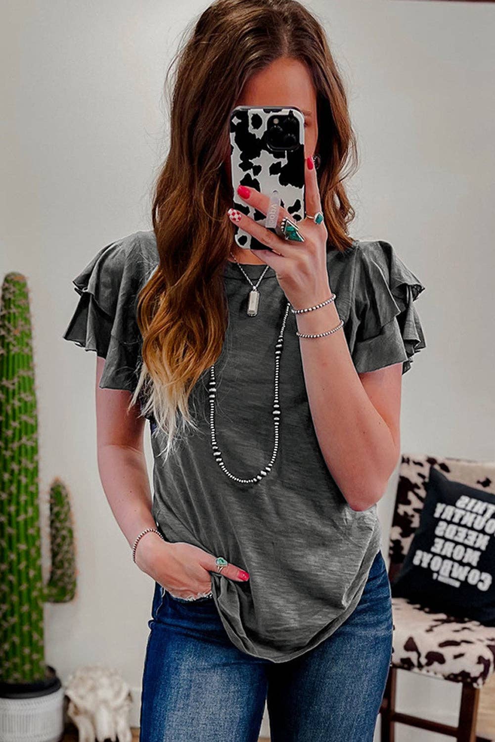 Dark Grey Ruffle Sleeve Casual Summer Top
