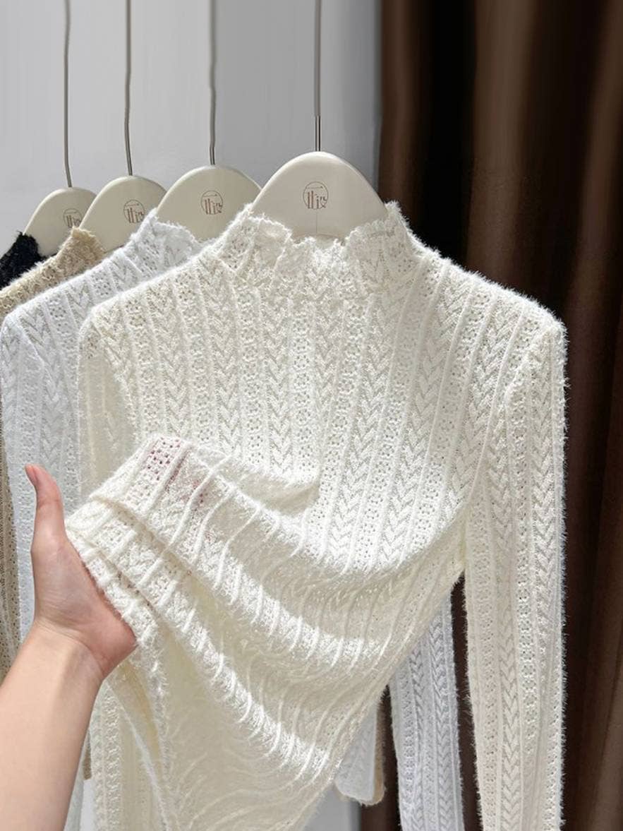 Beige Soft Knit Fluffy Texture Lace High Neck Layering Top