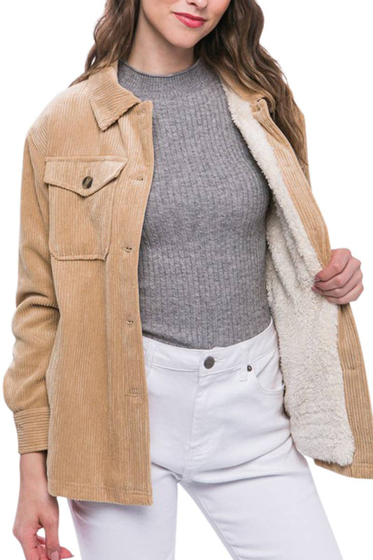 Beige Corduroy Button Up Jacket with Sherpa Lining