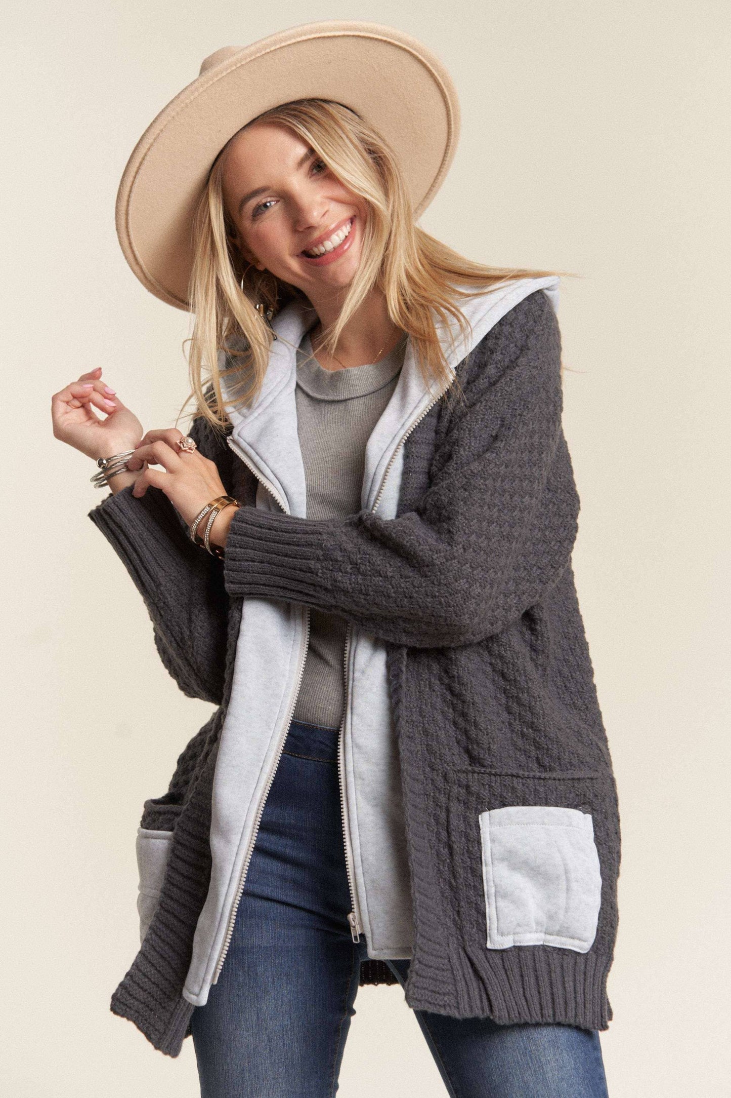 Charcoal Knit Zip Up Hoodie Jacket