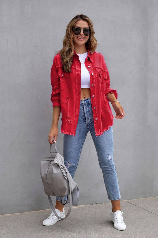 Red Raw Edge Solid Color Lapel Denim Jacket