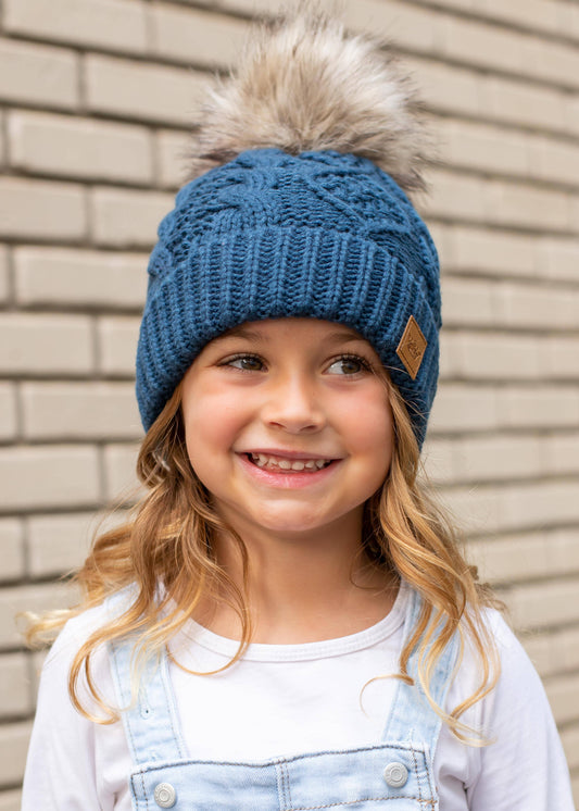 KIDS Slate Blue Cable Knit Pom Hat